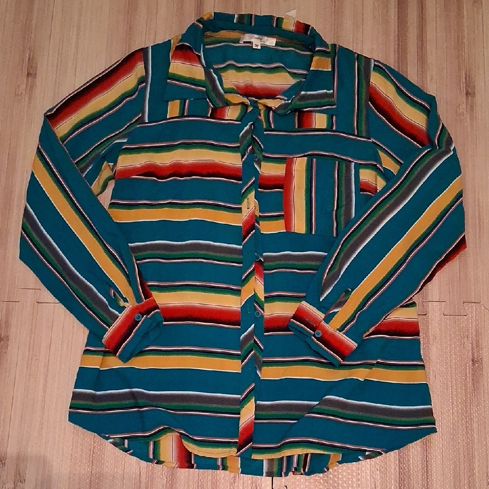 ANDREE BY UNIT Teal Striped Button-Up Shirt with Multicolor Accents
